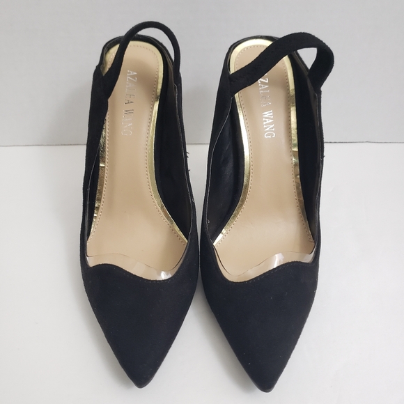 Size 8 Azalea Wang Black Point Toe Sling Back Pumps With Clear Trim Detail - Picture 3 of 9